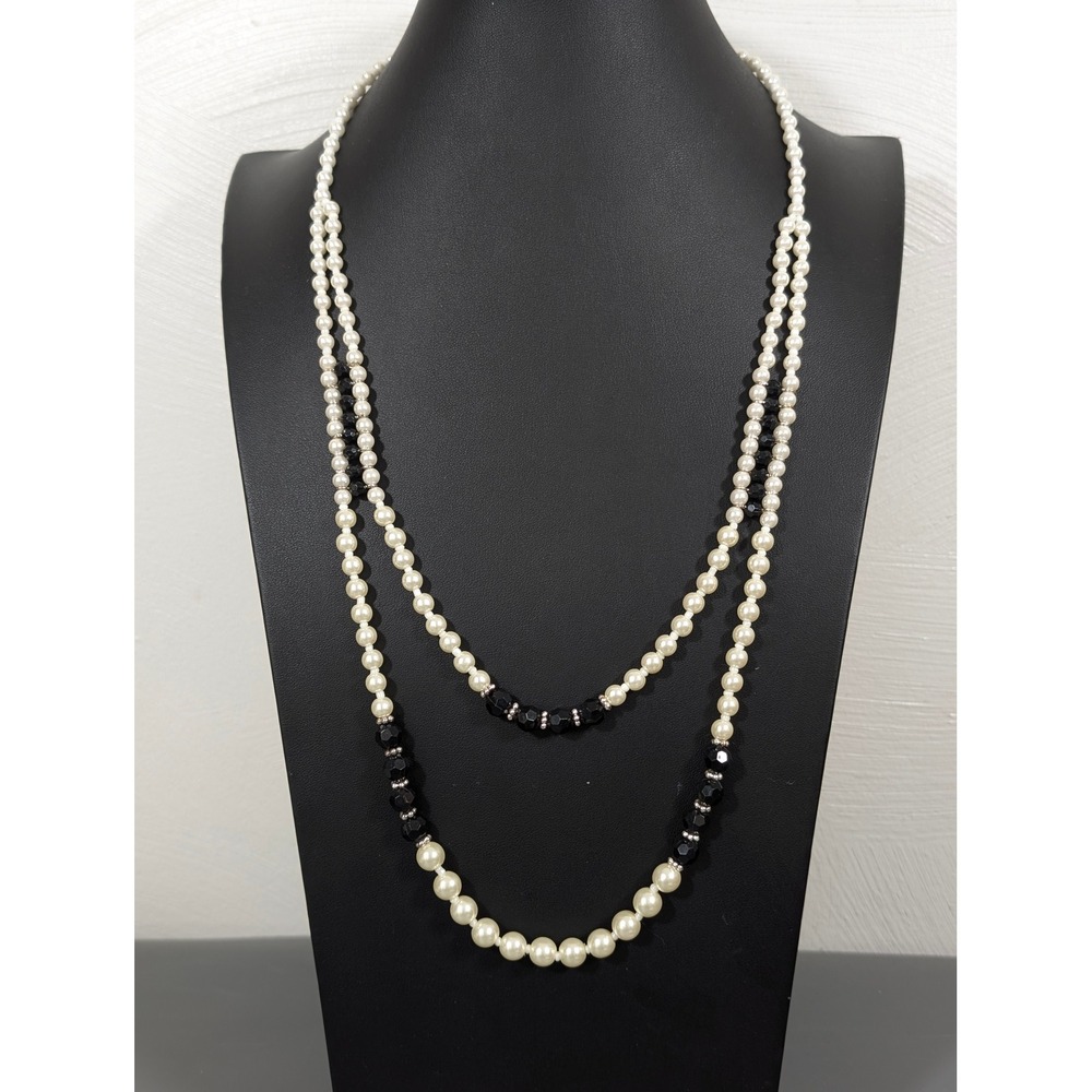 Layered Faux Pearl Necklace Black White Classic Elegant‎ Statement 27"